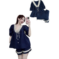 set bộ ngủ đũi cổ V viền ren tay con quần đùi