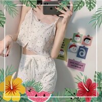 Set Bộ Ngủ Nữ Áo 2 Dây Viền Ren Hoa Xanh Kèm Quần Short   So Hot