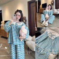 Set bộ ngủ 🔥𝗙𝗿𝗲𝗲𝘀𝗵𝗶𝗽🔥  mặc ở nhà siêu xinh xắn họa tiết kẻ caro áo tay dài cổ bèo kèm quần ống rộng dễ thương BN01