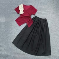 Set bộ Nhỏ Clothing bigsize nữ tiểu thư áo kiểu đắp vạt kèm chân váy dài qua gối thanh lịch cho chuppy SET958