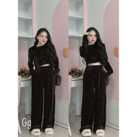 SET Bộ NHUNG FULL ĐÍNH ĐÁ Áo Nhung Croptop Tay Dài + Quần Ống Xuông Rộng Lưng Chun