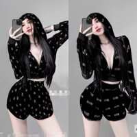 Set Bộ Nhung MiuMiu LV Kim Tuyến Áo Khoá Kéo Tay Dài Nón Croptop + QUẦN SHORT ĐÙI