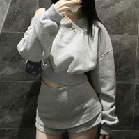Set Bộ Nỉ Lệch Vai, Áo Dài Tay Dáng Croptop Mix Quần Giả Váy Cho Nữ Mùa Thu Đông