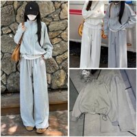 Set bộ nỉ nữ form rộng, áo sweater cổ cao phối khóa kéo dáng croptop kèm quần suông basic Hàn Quốc