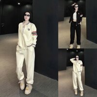 Sét bộ nỉ thể thao nữ tay dài khóa kéo bomber in logo 2 mặt phối quần dài bo gấu trẻ trung, năng động cho nàng