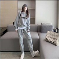 Sét bộ nỉ TIALS tay bồng in chữ kèm quần ống bom đủ màu, Bộ nỉ mùa đông Nam Nữ from rộng unisex - Xám Bộ NỈ ESSETIALS,M DƯỚI 55KG