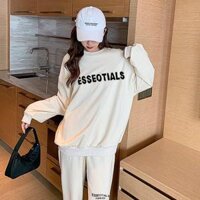Sét bộ nỉ TIALS tay bồng in chữ kèm quần ống bom đủ màu, Bộ nỉ mùa đông Nam Nữ from rộng unisex - trắng Bộ ESSETIALS,M DƯỚI 55KG