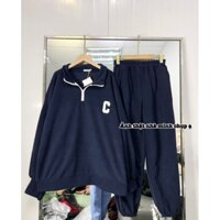 Set bộ nỉ xanh than quần áo gồm áo polo thêu chữ C mix quần nỉ bom