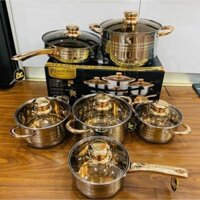 Set Bộ nồi Đức 5 đáy ENGELBERG gồm 6 món lắp hợp kim vàng dùng cho mọi loại bếp điện, bếp từ, bếp ga