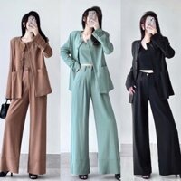 Set bộ nữ 3 món áo vest blazer + áo crotop + quần culottes chất đũi cực sang tây A2469