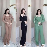 Set Bộ Nữ 3 Món Thun Gân Đũa Áo Hai Dây+Áo Khoác Có Nón Kèm Quần Suông Mặc Nhà Giá Rẻ Nhất Sale Tại Quynh Nhu Qbn