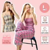 Set bộ nữ Áo 2 dây bo chun+ Quần ống bèo. Bộ kẻ 2 dây quần loe