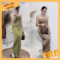 Set bộ nữ áo 2 dây mix quần suông ống rộng chất li tăm mặc mát tôn dáng - Bộ quần áo nữ mặc đi dạo phố