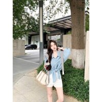 Set bộ nữ áo chất đũi cổ sơ mi dài tay kèm vạc mix quần đùi chất kaki hai túi dễ thương năng động cá tính