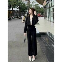 Set Bộ Nữ Áo Cổ Vest Dài Tay Kèm Áo Bra 2s Phối Quần Suông Dài Ống Đứng Thanh Lịch Multicolor Thanh lịch set vet
