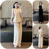 Sét Bộ nữ Áo cổ yếm Smocking thân sau phối Quần dài ống rộng xinh xắn phong cách dịu dàng, đài cát