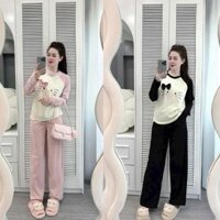SET BỘ NỮ ÁO LEN THỎ IN MÈO KITTY DÀI TAY KÈM QUẦN SUÔNG ỐNG RỘNG THU ĐÔNG BỘ MẶC NHÀ