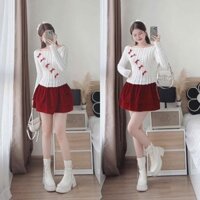 Set bộ nữ, áo lông vũ đính nơ kèm chân váy Nhung hai tầng form xinh xắn mặc Giáng Sinh, mặc Tết