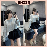 Set Bộ Nữ Áo Nỉ Croptop Dài Tay Thome In Hình Con Chó Mix Quần Sooc Đùi Giả Váy Màu Đen Freesize