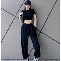 Set bộ nữ áo phông croptop cộc tay quần jogger thụng đồ bộ nữ thể thao SQ032