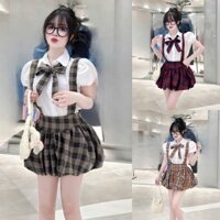 Sét bộ nữ áo sơ mi tay bồng cổ bẻ cài nút đính nơ phối yếm sọc caro from dáng bí xòe với 3 tone màu xinh xắn dễ thương c