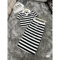 Set bộ nữ áo sọc ngang croptop cổ bẻ mix chân váy chữ A siêu xinh, thiết kế cá tính năng động phù hợp đi chơi đi dạo