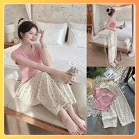 Set bộ nữ áo thun croptop cổ tròn kết hợp quần hoa nhí ống xuông phối gấu ren
