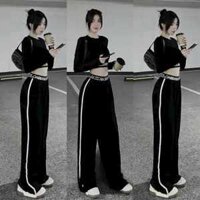 Sét Bộ Nữ áo thun dẻo tay dài in logo, quần chun eo ống rộng năng động