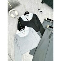 Sét bộ nữ áo thun gân tay dài cổ sơ mi chân váy kaki dáng dài kèm dây đai lưng