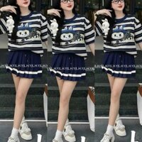 SET Bộ NỮ ÁO THUN TĂM sọc XANH thủy thủ - Mix Chân Váy Xếp Ly - BIGSIZE 45-90KG
