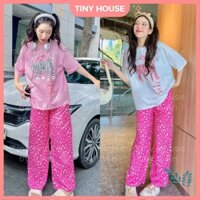 Set bộ nữ áo thun tay ngắn cổ tròn và quần dài ống suông rộng in hình trái tim dễ thương - Tiny House