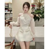 Set bộ nữ, áo trễ vai, có dây cột một bên áo, kiểu tiểu thư mặc cùng quần giả váy