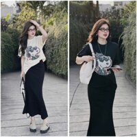 SET BỘ NỮ BIGSIZE GỒM ÁO PHÔNG HỌA TIẾT IN CÚN MIX CHÂN VÁY ĐUÔI CÁ 2 MÀU