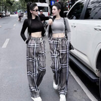 Sét bộ nữ cá tính năng động, sét áo thun tăm trơn croptop dài tay ôm trọn body phối quần suông caro tăm tàu trẻ trung