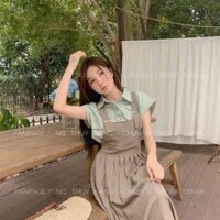 Sét bộ nữ cao cấp váy yếm kaki mềm kèm áo sơ mi lụa