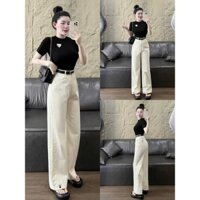 Set bộ nữ chất áo thun tay ngắn cổ tròn in trái tim phối quần kaki dài ống rộng kèm đai mẫu mã mới