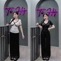 SET BỘ NỮ , ĐỒ BỘ NỮ , ÁO PHỐI REN HOẠ TIẾT CHẤM BI CHẤT THUN GÂN TĂM LẠNH _ĐỒ BỘ NỮ QUẦN ỐNG RỘN G _ XƯỞNG MAY THU LÊ