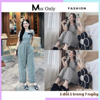 Set bộ nữ gồm áo phông trơn thắt nơ vai mix cùng quần dài ống suông phối ren gấu quần