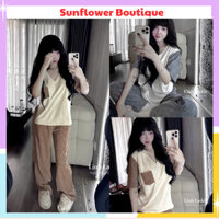 Set bộ nữ gồm áo thun cổ tim tay lỡ form rộng phối túi ngực, ống tay điểm nhấn mix quần dài ống suông hoạ tiết hottrend