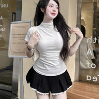Set bộ nữ gồm áo thun trơn cổ lọ mix cùng chân váy viền bèo dáng xoè 3 màu cực xinh hoyhit