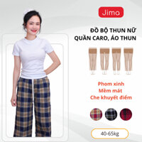 Set bộ nữ Jima set áo dáng cộc tay dáng cổ tròn basic bộ quần dài kẻ caro chất vải mềm mại thoáng mát co giãn set nữ 135