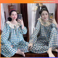 Set Bộ Nữ Kẻ Xanh Cổ Ren Bèo Tay Bo Chun Mix Quần Ống Suông Rộng - Set Đồ Nữ Thời Trang