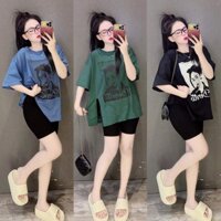 Set Bộ Nữ Lửng NGỐ BIGSIZE Đen Tăm Lạnh Áo FORM RỘNG Chất Cotton In Cô Gái Xẻ Tà 4 Màu Thời Trang Giá Rẻ Nhất Đẹp Bigsiz