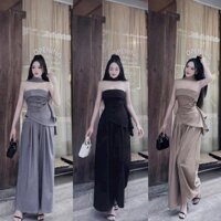 Set bộ nữ mặc đi chơi chất tuyết mưa có mút áo cúp ngực vạt xéo kèm đai mix quần dài ống rộng thiết kế trẻ trung