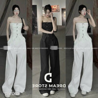 Sét bộ nữ mặc đi chơi sang chảnh chất for áo trễ vai cúp ngực có mút cài nút mix quần dài ống rộng siêu tôn dáng