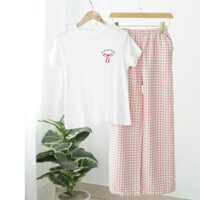 Set bộ nữ mặc nhà áo thun gân, quần suông caro thời trang Menina, Đồ Bộ Nữ Mặc Nhà Thoải Mái.