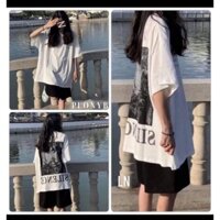 Set bộ nữ mặc nhà đi học đi chơi ,Set áo phông thun rừng cây form thụng tay lỡ kèm quần đùi ống rộng đen