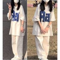 Set bộ nữ mặc nhà đi học đi chơi ,Set áo phông thun Aa form thụng tay lỡ kèm quần dài ống rộng trắng