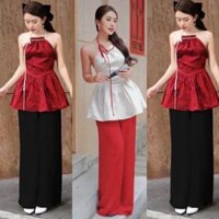 Set bộ nữ mặc Tết, áo yếm dây cột form rộng chất gấm mềm mặc cùng quần dài Tuyết Nhung thanh lịch, sang trọng