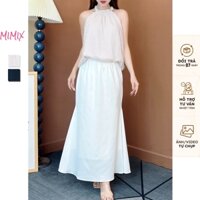 Set Bộ Nữ MIMIX Áo Kiểu Bí Chấm Bi Nữ Cổ Yếm Mix Chân Váy Lụa Dáng Dài Đuôi Cá 2 Màu 2 Size EU0230